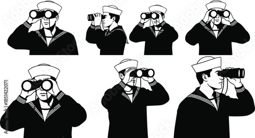 Sailor, binoculars, navy, maritime, observation, vintage, uniform, military, lookout, black, white, sketch, crew, sea, patrol, nautical, watch, retro, illustration, surveillance