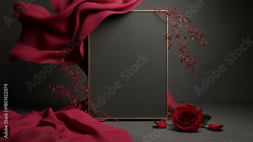 バレンタインや記念日に最適な赤い花と黒いメッセージボードの背景
