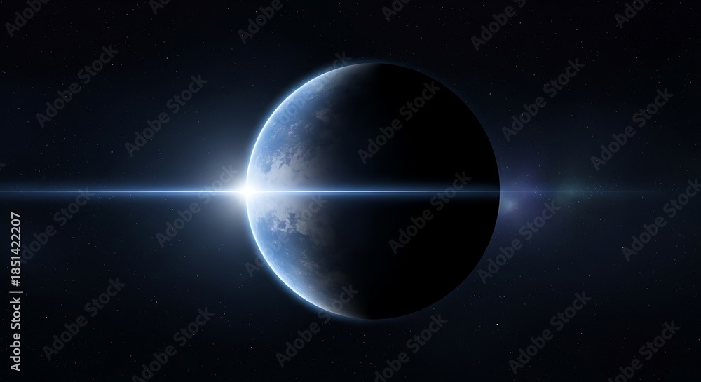 Obraz premium Stunning View of a Distant Planet with a Bright Lens Flare in Deep Space.