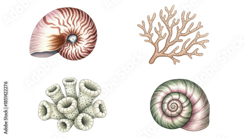 Vibrant marine fossils including nautilus shells and coral isolated on transparent background