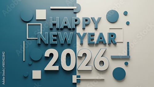 青と白のツートンカラー背景のモダンな2026年新年挨拶3Dデザイン