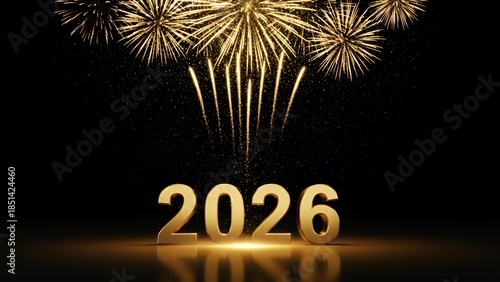 黒背景に打ち上がる金色の花火と輝く2026年の立体文字素材