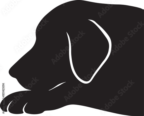 A simple black silhouette of a resting dog in a relaxed pose