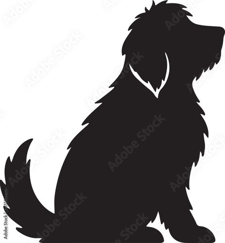 A black silhouette of a fluffy dog in a seated position