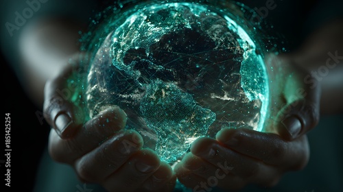 Hands holding a glowing Earth, symbolizing global technology.