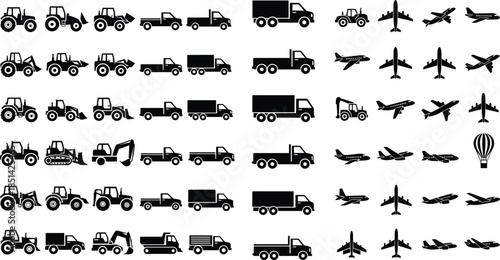 Black silhouette icons of tractors, excavators, pickup trucks, cargo trucks and airplanes for transport, farming, construction, aviation, logistics and travel design