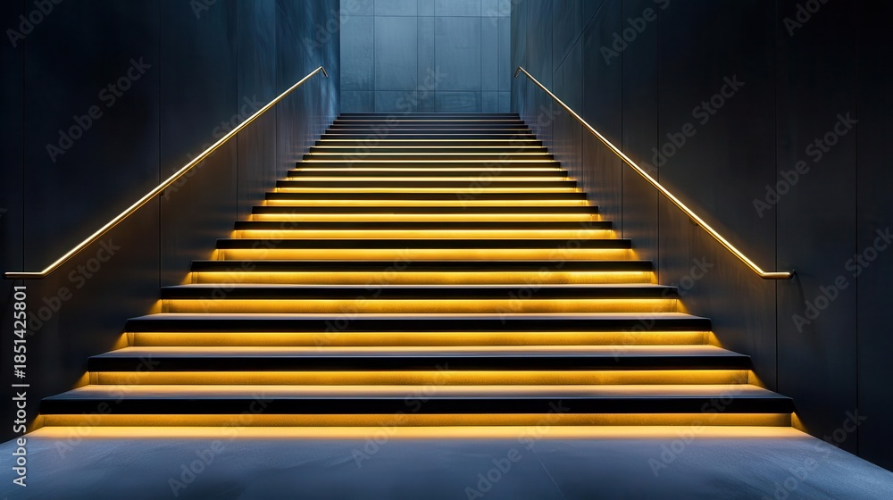 Fototapeta premium Statement industrial staircase with bronze railings and designer lighting