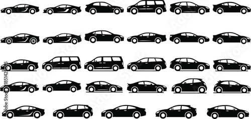 Car silhouette vector set, sports cars, sedans, hatchbacks, minivans, modern vehicle icons, black solid automotive illustration collection for transport design