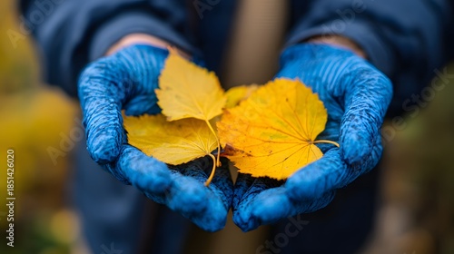 Hands holding vibrant yellow autumn leaves in a garden setting.