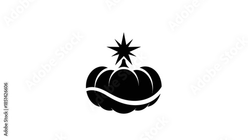 Black silhouette of a pumpkin with a star on top against a white background