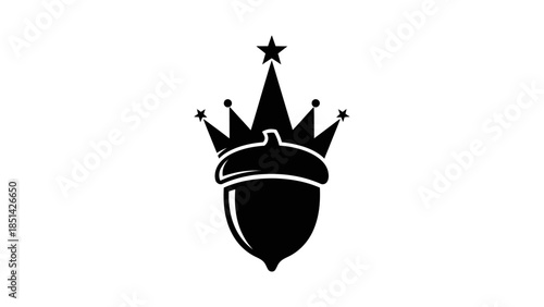 Black silhouette of an acorn wearing a crown with stars on a white background.