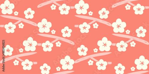 Festive seamless pattern with white plum blossoms on red background for Lunar New Year