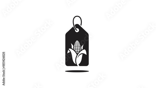 Black and white graphic illustration of a corn icon on a tag