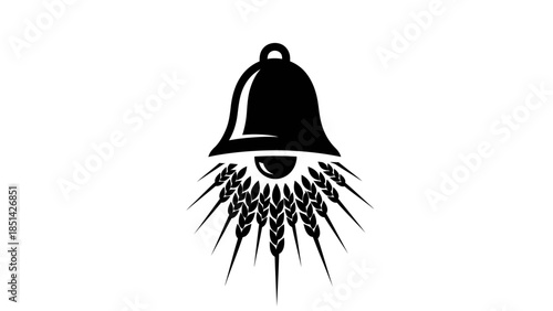 Black illustration of a bell with an eye and sharp spikes on a white background.