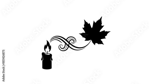 Black silhouette of a lit candle with swirling smoke and a maple leaf on a white