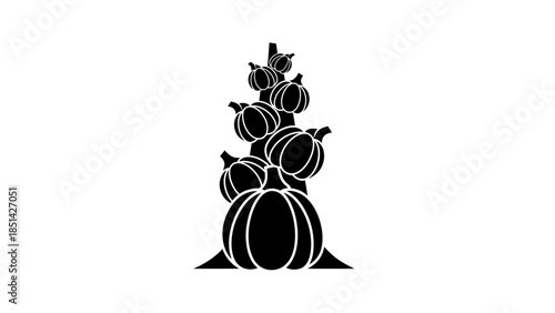 Black and white illustration of stacked pumpkins with leaves on a plain background.