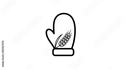 Line drawing of a mitten holding wheat on a white background.