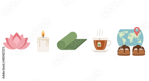 Flat lay of yoga and travel icons including lotus flower, candle, mat, tea, shoes, and