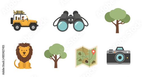 Flat lay of safari icons including vehicle, binoculars, camera, map, and animals on white