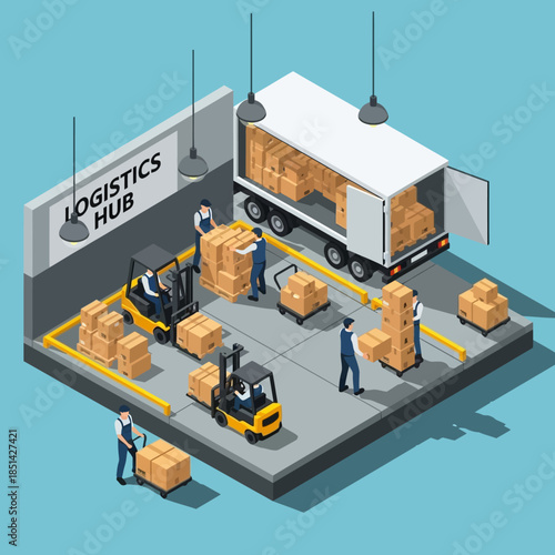 Isometric view of a logistics hub with workers, forklifts, and a truck loading/unloading cardboard boxes in a warehouse.