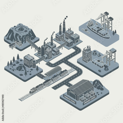 Isometric illustration of a complex industrial supply chain and logistics network showing factories, transport, and resources.