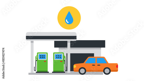 Gas Station with Car and Fuel Drop Icon: Flat Design Illustration