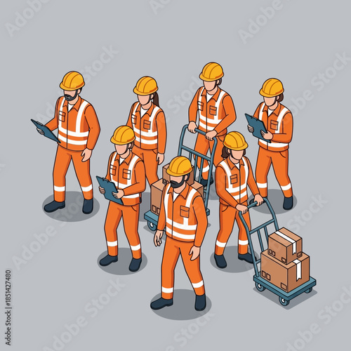 A group of seven isometric workers in orange uniforms and hard hats, handling packages and clipboards.