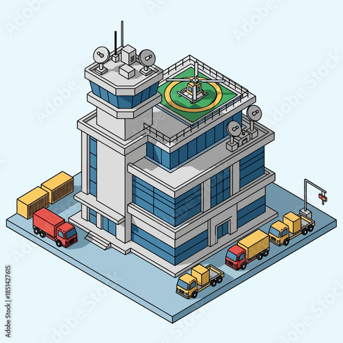 Isometric illustration of a modern logistics hub with a control tower, helipad, cargo trucks, and shipping containers.