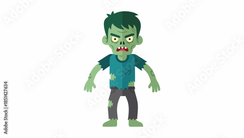Green Cartoon Zombie Character with Torn Clothes