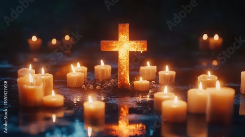 Glowing Cross Surrounded by Burning Candles in Dark Setting