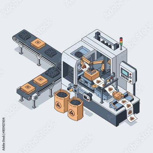 Isometric illustration of an automated factory production line with robotic arm, conveyor belts, and packaging process.