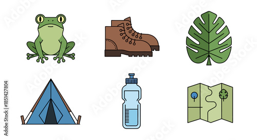 Flat lay of camping icons including a frog, boot, leaf, tent, water bottle, and map on a