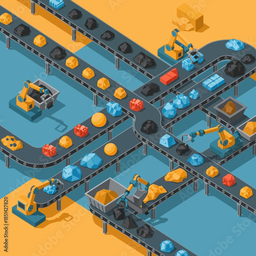 Isometric view of a complex industrial mining operation with conveyor belts, robotic arms, and various minerals being processed and transported.