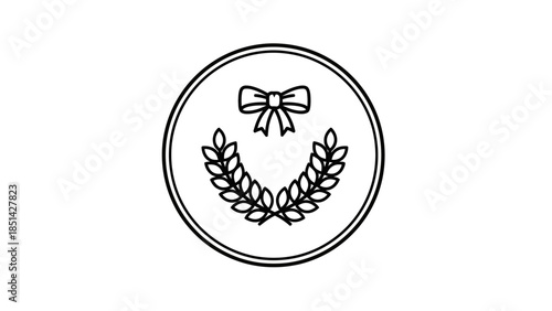 Free Download Black line drawing of a laurel wreath with a bow in a circle on white - GFXLoad