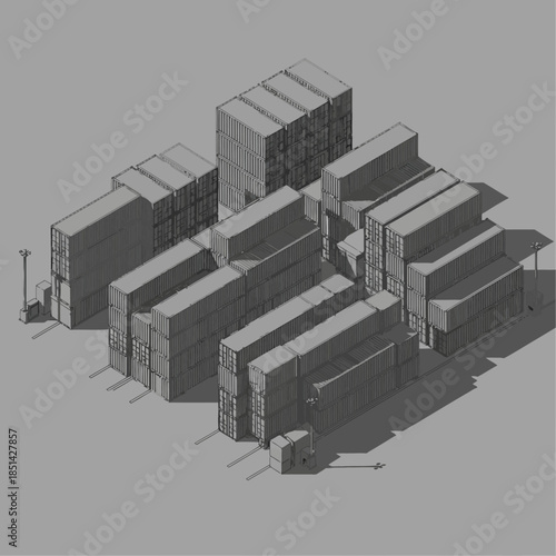 Isometric view of a large container yard with numerous shipping containers stacked in organized rows.