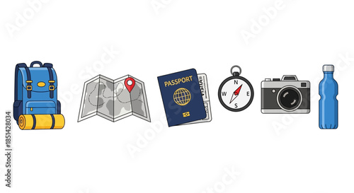 Flat lay of travel essentials on a white background.