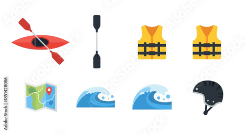 Flat lay of kayaking icons on a white background including a kayak, paddle, life vests,