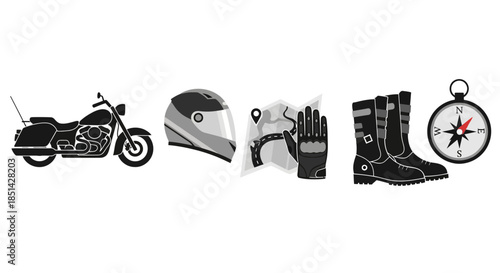 Motorcycle gear accessories including bike, helmet, gloves, boots, and compass on white