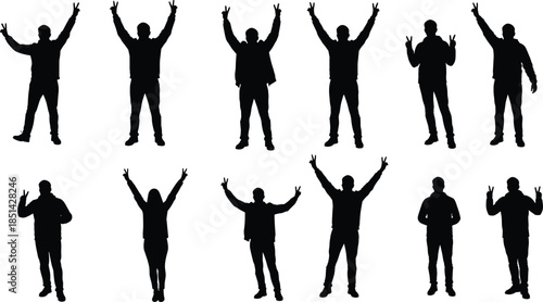 Group of people silhouettes raising hands in peace gesture, unity and diversity concept, minimalist human figure illustration, vector design