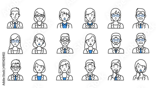 Collection of diverse facial expressions and avatars in illustration style