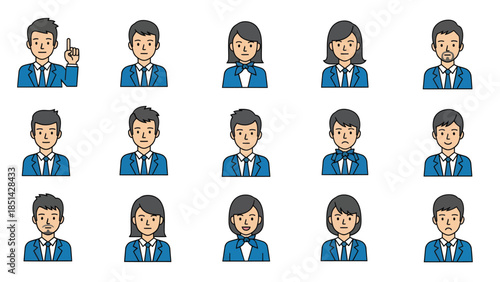 Collection of diverse business professionals in blue attire displayed in a grid pattern on a white background