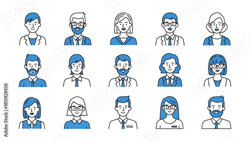Collection of diverse professional people icons in blue and white