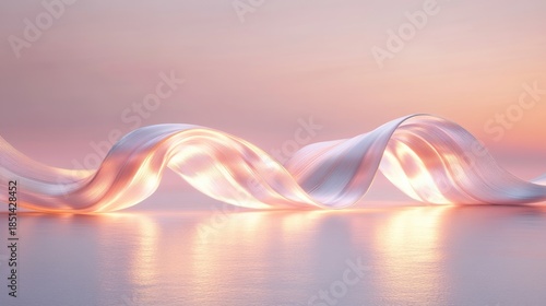 Luminous ribbon sculpture with soft reflections and a gradient pink background