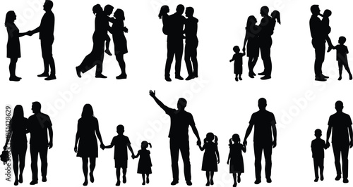 Family silhouettes, parents and children, black and white, walking, hugging, holding hands, caregiving, bonding illustration, relationship design, social artwork