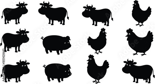 Farm animal silhouettes, cows, pigs, chickens, cartoon animals, livestock illustration, agriculture design, educational reference, children learning, animal collection, rural life