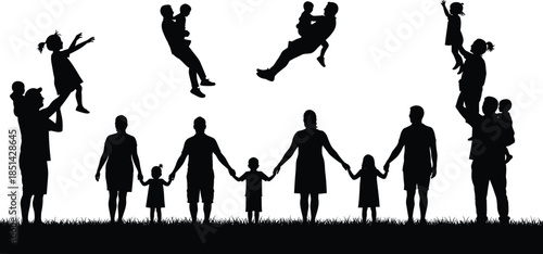 Family silhouettes, parents and children, family bonding illustration, playful family artwork, parent child design, family poses, relationship artwork, family collection, silhouette art, love