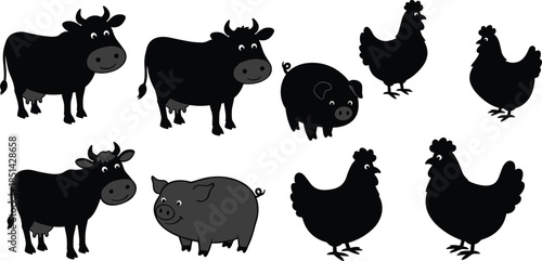 Farm animals, cows, pigs, chickens, cartoon livestock, animal silhouettes, agriculture illustration, rural life, children education, animal collection, farm design, nature
