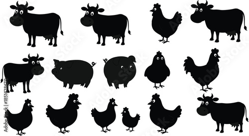 Farm animal silhouettes, cows, pigs, chickens, roosters, cartoon livestock, agriculture illustration, rural life, animal collection, children education, farm design, nature