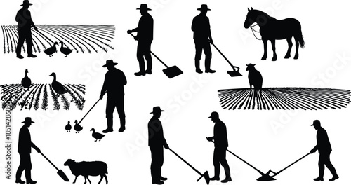 Farmer silhouettes with animals, crops, traditional farming tools, rural agriculture lifestyle, livestock care, countryside field work, manual labor, harvest, rustic 