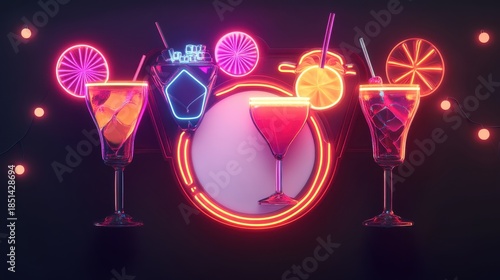 Neon Cocktails: A Vibrant Display of Illuminated Drinks and Citrus Slices Against a Dark Backdrop